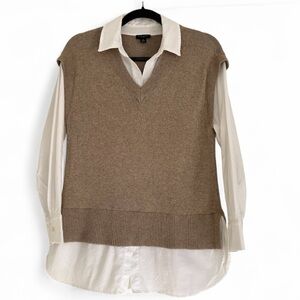 Ann Taylor Faux Layered Y2K Tan Sweater Vest with White shirt, XS